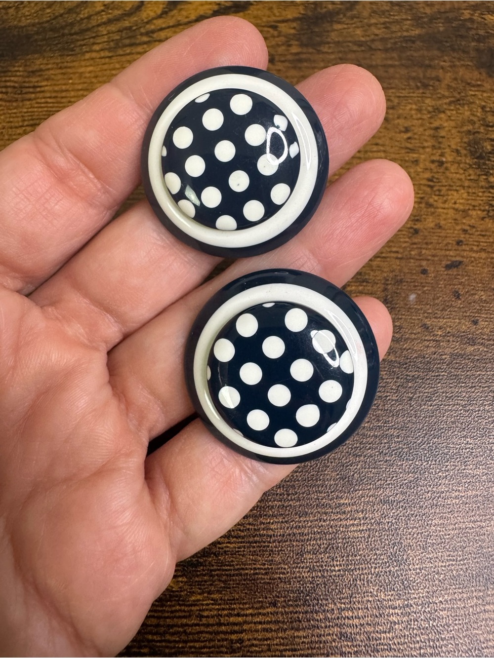 Vintage Navy and White Polka Dot Button Earrings - Lucite